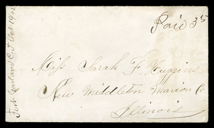 Fort Garland, Colorado Territory, two 1862 manuscript Territorial period postmarks, first dated Oct 362 on 3c Pink entire (U34) to Newport, Vermont, the other dated Oct 1062 on
stampless cover to New Middleton, Illinois with manuscript Pa