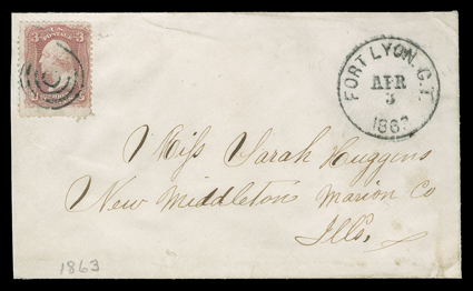 [Fort Lyon on the Santa Fe Trail, 1863], cover with well struck Fort Lyon C.T.Apr 3, 1862 Colorado Territory datestamp with 3c Rose (65) cancelled by target to New Middleton,
Illinois, slightly reduced at left, very fine the earliest recor