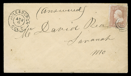 Julesburgh, Colorado Territory, well struck Aug 6 territorial period datestamp on cover to Missouri with 3c Rose (65, faulty) tied by target cancel, very
fine.