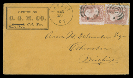 Lauret, Colorado Territory, clear Mar 26 territorial period datestamp on orange cover to Columbia, Michigan with two 3c Rose (65) tied by targets, Office ofC. G. M. Co.Lauret,
Col. Ter. printed corner card of the Colorado Gold Mining Compa