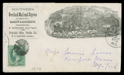 [Barlow & Sanderson Southern Overland Mail and Express Co.] corner card cover with handsome six-horse stage coach through the mountains design to Pierrepont Manor, N.Y. with 3c
Green (158) tied by quartered cork cancel and split Kansas City, Mo