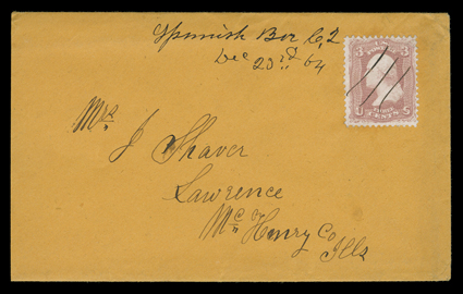 Spanish Bar, Colorado Territory, two territorial period postmarks, first manuscript Spanish Bar C.T.Dec 23rd 64 on orange cover from the Shaver gold rush correspondence to
Lawrence, Illinois with 3c Rose (65) cancelled by pen strokes, the oth
