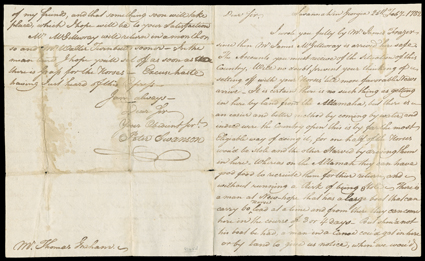 [Fur Trade in Savannah during the Revolutionary War, 1782] Excellent fur trade letter by a British merchant in Savannah during the Revolutionary War. All of this difficulty is
occasione oly by a handful of the Enemy. Peter Swanson writes T