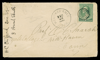 Wounded Knee, Dakota Territory clear Dec 28, 1888 territorial period datestamp on cover to New Haven, Ct. with 2c Green (213) cancelled by target, cover with sealed tear at
lower left, otherwise very fine a rare example of this evocative pos