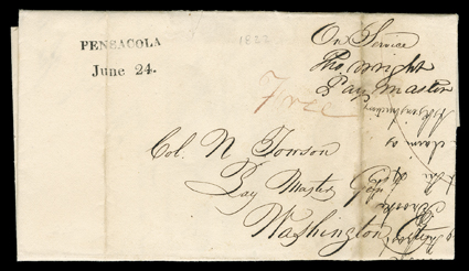 Pensacola, Florida Territory, two different postmarks on folded letters with integral address leaf , first straightline PENSACOLAJune 24. on 1822 cover to Washington City
endorsed On ServiceTho. WrightPay Master and manuscript Free, this