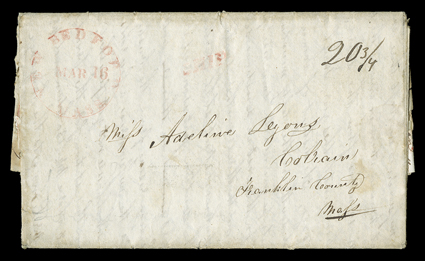[Death of Kaahumanu the Queen Regent, 1832]. Four page closely written folded letter datelined August 13, 1832 at Waimea to Cobain, Mass., entered the mails with red New
Bedford, Mass.Mar 16 datestamp and matching SHIP handstamp, with ms. 2
