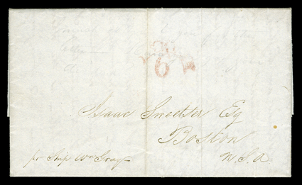 [Hawaii under the British Union Jack, 1843] folded letter datelined at Honolulu April 6th 1843 discussing in part the prospects of the islands remaining in British hands,
letter carried by ship Wm Gray to Boston, where red Ship6 due handst