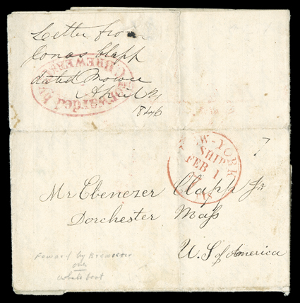 [Whalers letter datelined at Mowee (Maui), 1846] to Dorchester, Mass. giving eye witness account of the French fighting with the natives in the Society Islands. Folded letter
written in Maui, Hawaii while on a whaling cruise in the Pacific,
