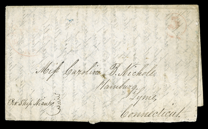 [Letter from Lahaina, 1846] to Connecticut via ship Niantic. August 6, 1846 folded letter datelined at Lahaina Maui S.I. to Lyme, Ct. endorsed Per Ship Niantic at lower left,
faint red Sag Harbor, N.Y. arrival postmark and 5 in circle