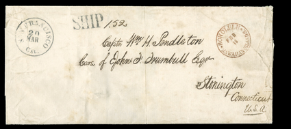 [Fifteen times 10c rate, 1852] parcel wrapper cover from Honolulu to Connecticut, including some of the string and sealing wax used to wrap the package, with clear red
*Honolulu*Hawaiian IslandsFeb 16 datestamp, arrived in California with Sa