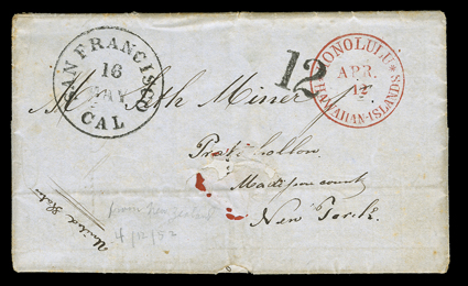 [Whaling letter from New Zealand, via Hawaii, 1852] Sailors letter home while on the whaler Waverly while in port at New Zealand. Folded cover datelined Munganui (New Zealand)
1852 carried out of the mails to Hawaii, where it entered t
