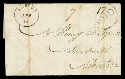 [Beaver market in Albany, 1802] 13th April, 1802 folded letter of Thomas Lousey with integral address leaf to Montreal with Alby N.Y.Apr 14 datestamp and Paid in circle
handstamp with manuscript 17 rate, manuscript 7d due on arrival, ver