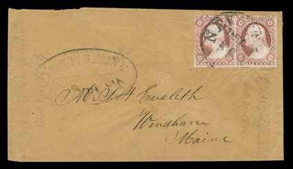 [Historical cover with letter, 1854] sent from Honolulu to Maine via Nicaragua and New York. Tan cover with original letter carried from Honolulu to San Francisco by the U.S.S.
Susquehanna, where it was then given to the Accessory Transit Co.