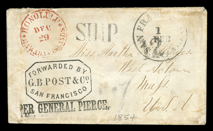 [Cover from Honolulu to Massachusetts, 1854] small cover sent via California and Panama with red *Honolulu*Hawaiian IslandsDec 29 dispatch postmark that was picked up by an
agent of the G.B. Post & Co. (probably H.T. Fitch, the Honolulu agent