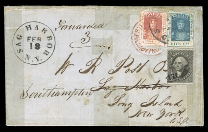 [Hawaii and U.S. combination paste-over franking, 1855] cover from the Hilo postmaster to Sag Harbor, N.Y. Folded letter from B. Pitman, postmaster at Hilo, datelined Hilo,
December 23rd 1855 and franked by Hawaii 1853 5c Blue and 13c Dark re