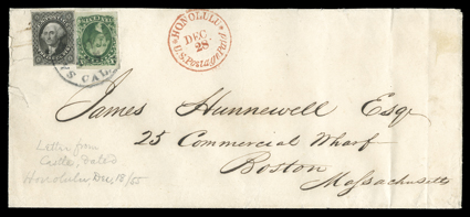 [Double rate cover from Honolulu to Boston, 1855] legal sized cover franked with U.S. 10c Green, Ty. II (14, corner crease), large margins all around and 12c Black (17), huge
margins to a bit in, affixed in Honolulu to pay the 20c double rate p