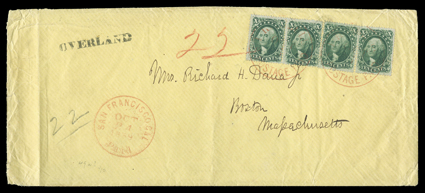 [Quadruple rate cover to Boston, 1859] with local Hawaiian postage and ships fee paid in cash. Yellow cover franked by pair and two singles U.S. 10c Green, Ty. II (32) tied by
twice struck red HonoluluU.S. Postage PaidOct. 1 datestamp, re