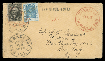 [Hawaii and U.S. conjunctive use, 1859] buff cover to New York cover bearing Hawaii 1857 5c Blue on thin white wove paper (8, small tear) light ms. strokes cancel and tied by
red HonoluluU.S. Postage PaidOct 3 postmark, with the datestamp re