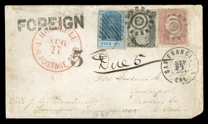 [Mixed Hawaii and U.S. franking, 1864] cover to New York showing 5c postage due charged in error by the San Francisco post office: the so-called Kalakaua errors. Cover to
Spencerport, N.Y. franked by Hawaii 1861 5c Blue on thin bluish wove pa