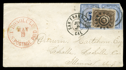 [Hawaii and U.S. conjunctive use, 1865] cover to Illinois bearing horizontal pair of 1865 5c Blue on blue Inter Island stamps (22), Plate 12-A, Position 1-2 (Types IX and VI),
ample to huge margins all around except where touching frame line a