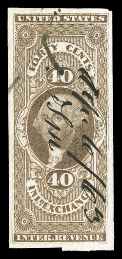 R53a, 40c Inland Exchange, imperforate, four large margins, rich color, 1863 ms. cancel, light horizontal crease, extremely fine appearance a scarce First Issue imperforate
1991 PF certificate.