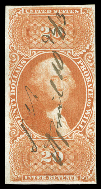 R99a, $20.00 Probate of Will, imperforate, ample to large margins all around, especially bright color, 1863 ms. cancel, tiny trace of a crease at top right, otherwise a very
fine example of this scarce stamp clear 1987 PF certificate.