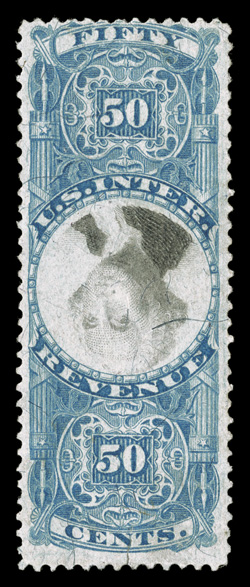 R115b, 50c Blue and black, Inverted Center, strong rich colors, small cut cancel at bottom breaks the paper, nearly very fine.