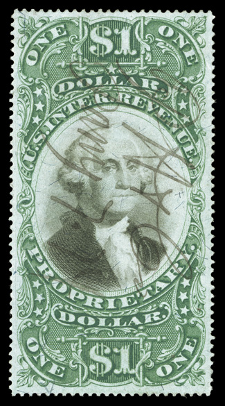 RB9a, $1.00 Proprietary, Green and black on violet paper, an exceedingly handsome used example of this rare, outstanding centering within exceptionally large margins all
around, rich luxuriant colors and highly detailed impressions, ms. cancel,