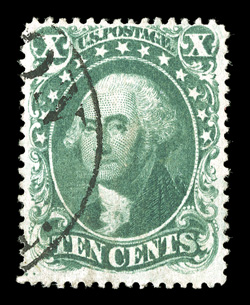 31, 10c Green, Ty. I, well centered within much larger margins than normally seen on this stamp, intense color in a deep green shade and a razor-sharp impression, neat portion
of a town c.d.s., certificate mentions light soiling at bottom which