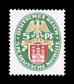 B23 var., 1928 5pf + 5pf Hamburg semi-postal, vertical watermark, well centered, bright and fresh, o.g., faintly hinged, very fine a rare watermark variety signed several
times including Ebel and Buhler, accompanied by a 2008 Oechsner certific