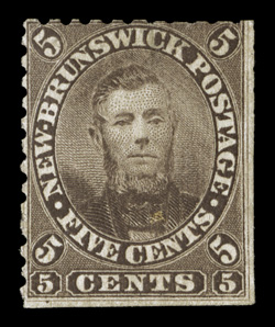 5, 1860 5c Brown Connell, a presentable example of this rare unissued stamp, scissor separated with perforations on two sides, part original gum, fine 1957 BPA certificate
(Unitrade C$7,500.00).