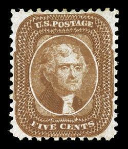 42, 5c Orange brown reprint, without gum as issued, particularly well centered, with the perforations nearly clearing the design all around, sumptuously rich color on crisp
clean paper, full perforations, choice very fine only 878 stamps were s