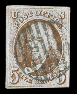 1, 5c Red brown, full to large margins all around, attractive color, black grid cancel, very fine.