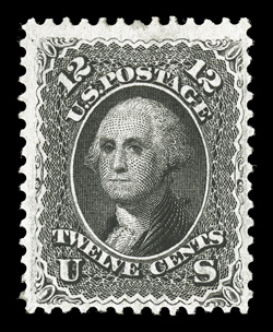 69, 12c Black, well centered within very large margins for this difficult value, remarkably fresh with intense color and a strong impression, full clean original gum, very
lightly hinged, choice very fine and attractive an exceedingly scarce st