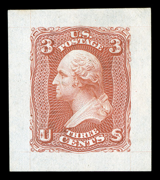 74TC2, 3c Scarlet, small die proof in India, full large margins all around, brilliantly fresh, tiny natural India paper irregularity, extremely fine and
choice.