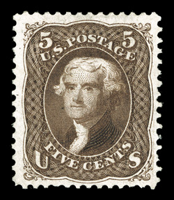 105, 5c Brown re-issue, attractive unused example, well centered within exceedingly large margins, rich fresh color and a clean impression, choice very fine only 672 sold 2010
PF certificate.