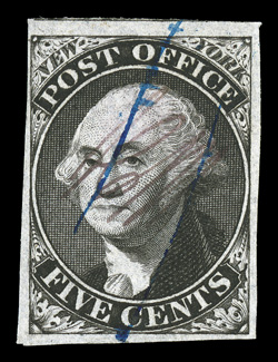 9X1, New York, N.Y., 5c Black Postmaster Provisional, signed ACM connected, select used single, ample to huge margins all around, including a portion of the adjacent stamp at
top, rich color and a razor-sharp impression on crisp white paper, nea