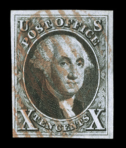 2, 10c Black, used, four full to large margins, especially crisp impression, light red grid cancel, faint trace of a paper bend at bottom left, still very fine.