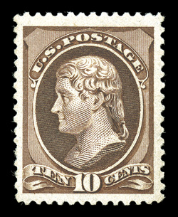 209, 10c Brown, impressively large-margined mint single, sporting especially lavish margins all around and being quite well centered within them, rich luxuriant color as well,
unblemished o.g., never hinged, extremely fine 2001 PF certificate a