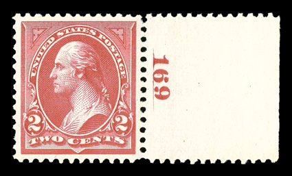 266, 2c Carmine, Ty. II, a striking mint right margin plate no. 169 single, flawlessly centered within large balanced margins, bright fresh color, immaculate o.g., never
hinged, extremely fine a truly gem example of this difficult stamp, bein