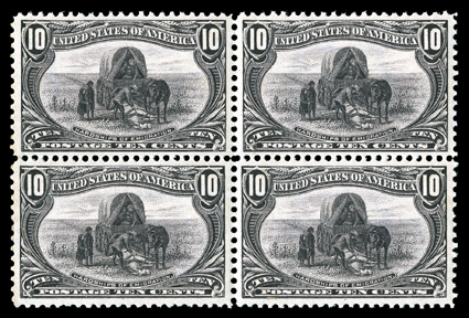 290, 10c Trans-Mississippi, mint block of four, excellent centering, strong rich color, o.g., n.h., several small gum skips on the top left stamp, extremely
fine.