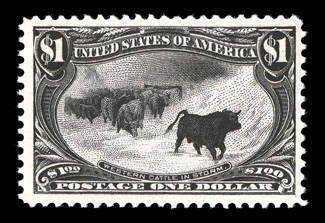 292, $1.00 Trans-Mississippi, an extraordinarily fresh and choice mint example of this popular commemorative, with outstanding color and a deeply etched impression on
immaculate white paper, well centered within lavishly large margins, flawless