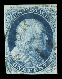 8, 1c Blue, Ty. III, used, full to large marigns around except just into design at bottom left, strong color and impression, light town cancel, faint corner crease at top left,
very fine appearance 1984 PF certificate.