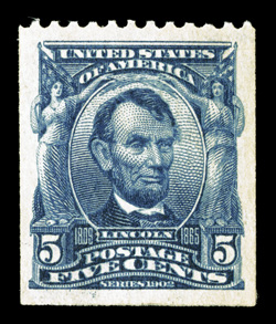 317, 5c Blue coil, perf. 12 horiz., rare mint single, with straight-edge at bottom, exceedingly well centered, rich luxuriant color, o.g., thin at bottom, extremely fine
appearance photocopy of a 1982 PF certificate for a strip of four, this be