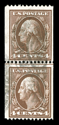 350, 4c Orange brown coil, perf. 12 horiz., rarely seen used guide line pair, rich color, fairly light registry cancels, fine-very fine 2001 PSE certificate.