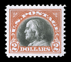 523, $2.00 Orange red and black, a spectacular mint single, possessing extraordinary overall physical characteristics, including being fabulously fresh and bright, with strong
rich colors without a hint of oxidization which so often affects the