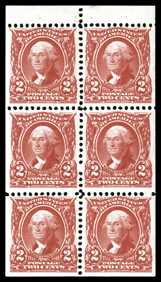 301c, 2c Carmine booklet pane of six, a marvelous example featuring exceptionally wide margins for this usually poorly cut booklet pane, excellent centering, vivid rich color,
very fresh with strong and intact perforations, o.g., l.h., extremely