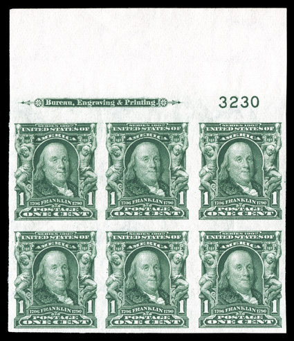 314, 1c Blue green imperforate, select full top margin imprint and plate no. 3230 block of six, with generous even margins on the other three sides, rich verdant color, o.g.,
n.h., extremely fine.