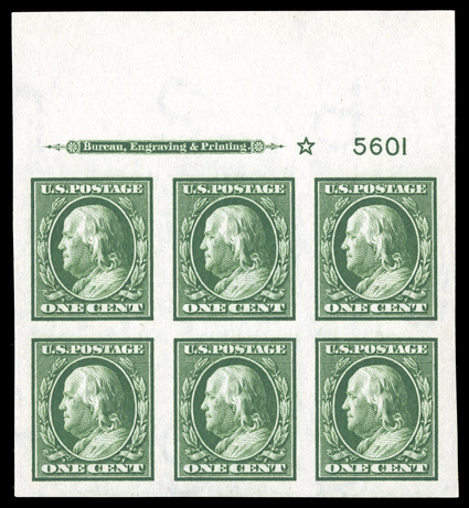 383, 1c Green imperforate, an eye-arresting full top margin imprint, star and plate no. 5601 block of six, boasting not only extravagantly wide margins but also intense
prooflike color and impression that is contrasted by bright white paper, imm