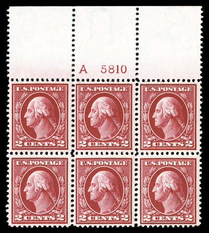 406, 2c Carmine, Ty. I, gem full top margin letter A and plate no. 5810 block of six, fabulously bright and fresh, with strikingly intense color and impression that would rival
any proof, well centered, unblemished o.g., n.h., extremely fine
